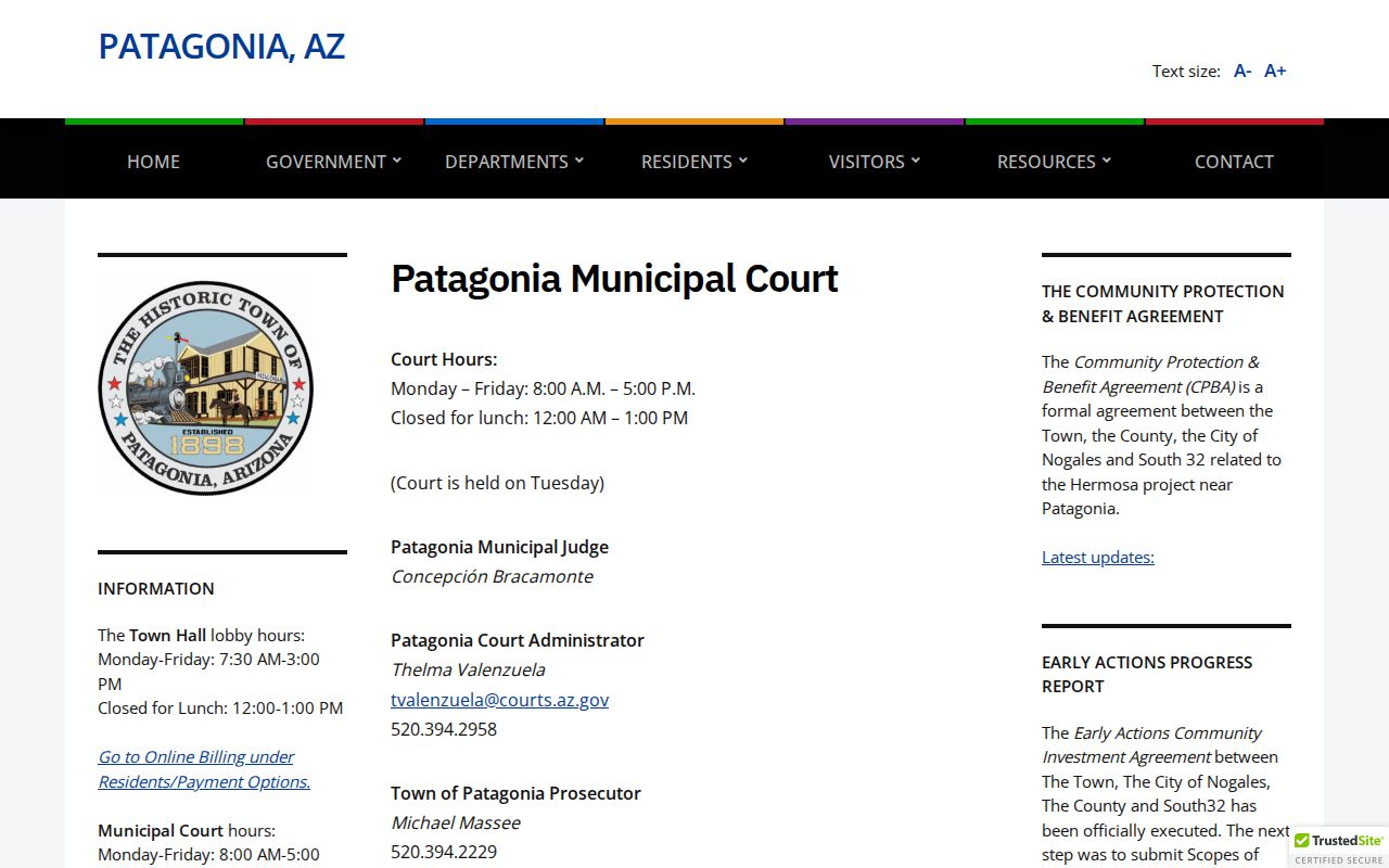 Patagonia Municipal Court page for Patagonia court docket records in Santa Cruz County