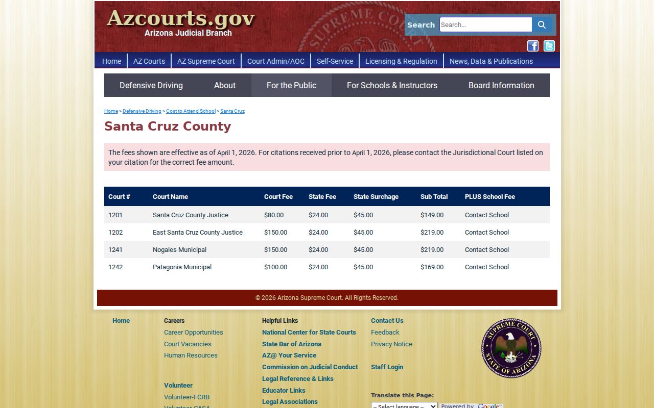 Santa Cruz County traffic court records defensive-driving fee schedule